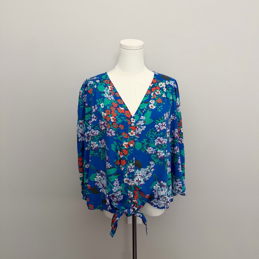 LOFT Top Blouse Floral Tie-Front V-Neck Button Front 3/4 Sleeve Blue Green Coral